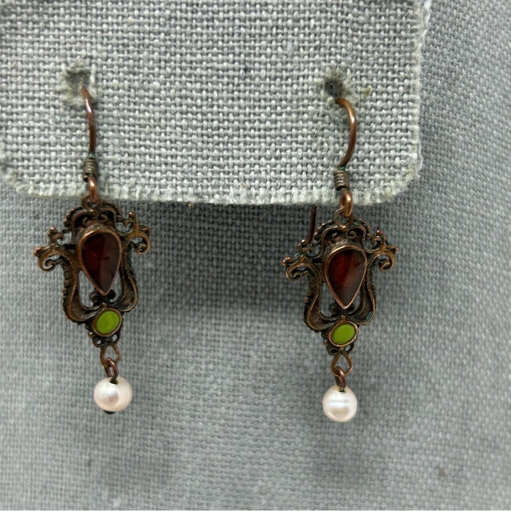 Victorian Style Copper Stone Dangle Earring with Genuine Pearl & Carnelian Agate